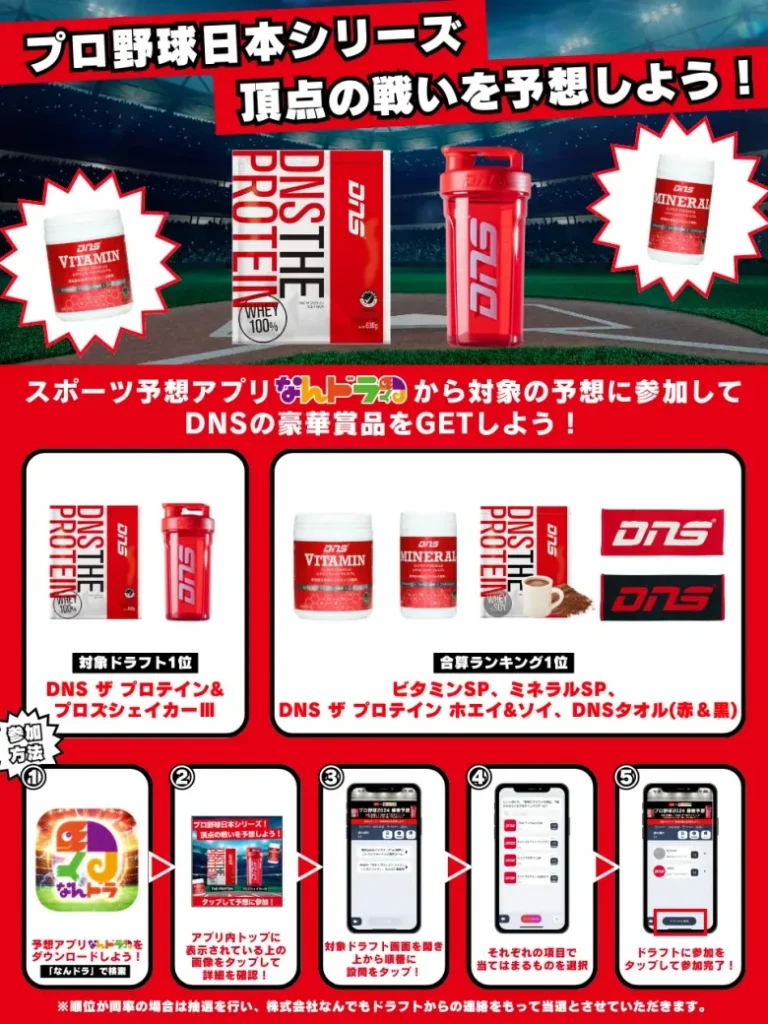 【スポーツニュートリションブランド「DNS」×「なんドラ」 】"日本シリーズ！頂点の戦いを予想しよう！" プロ野球日本シリーズ勝敗予想で『DNS ザ プロテイン』&『プロズシェイカーⅢ』プレゼント！！