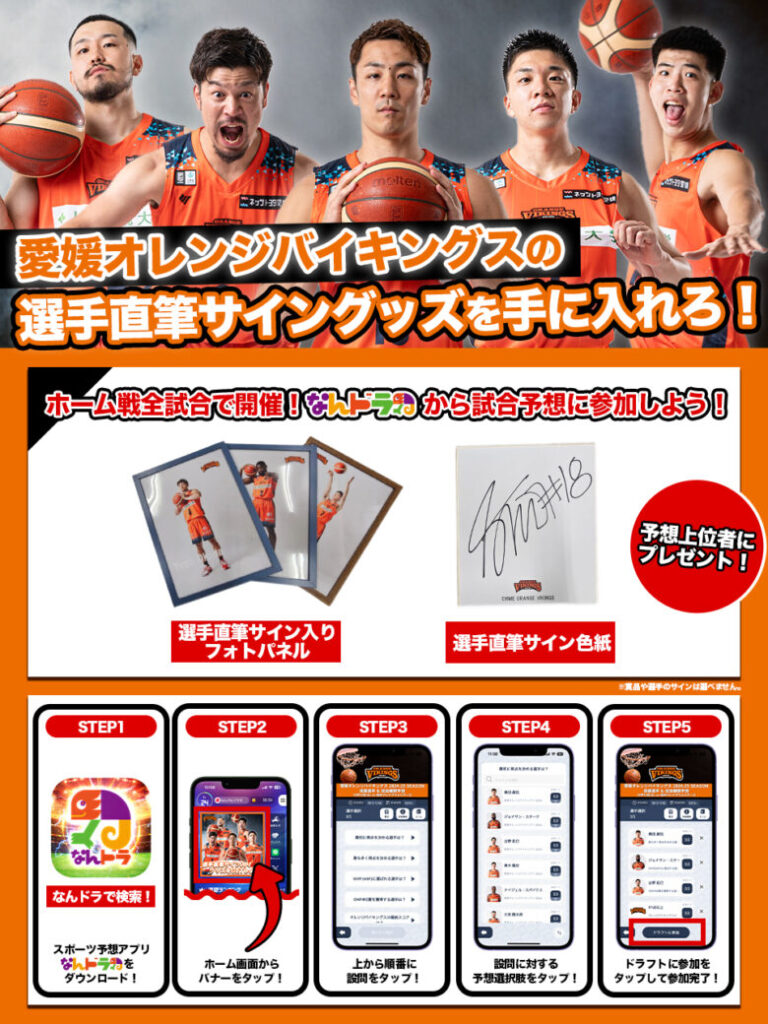 愛媛オレンジバイキングス 3月28日（金）・29日（土）ホームゲームの活躍選手＆試合展開予想をスポーツ予想アプリ「なんドラ」で開催！