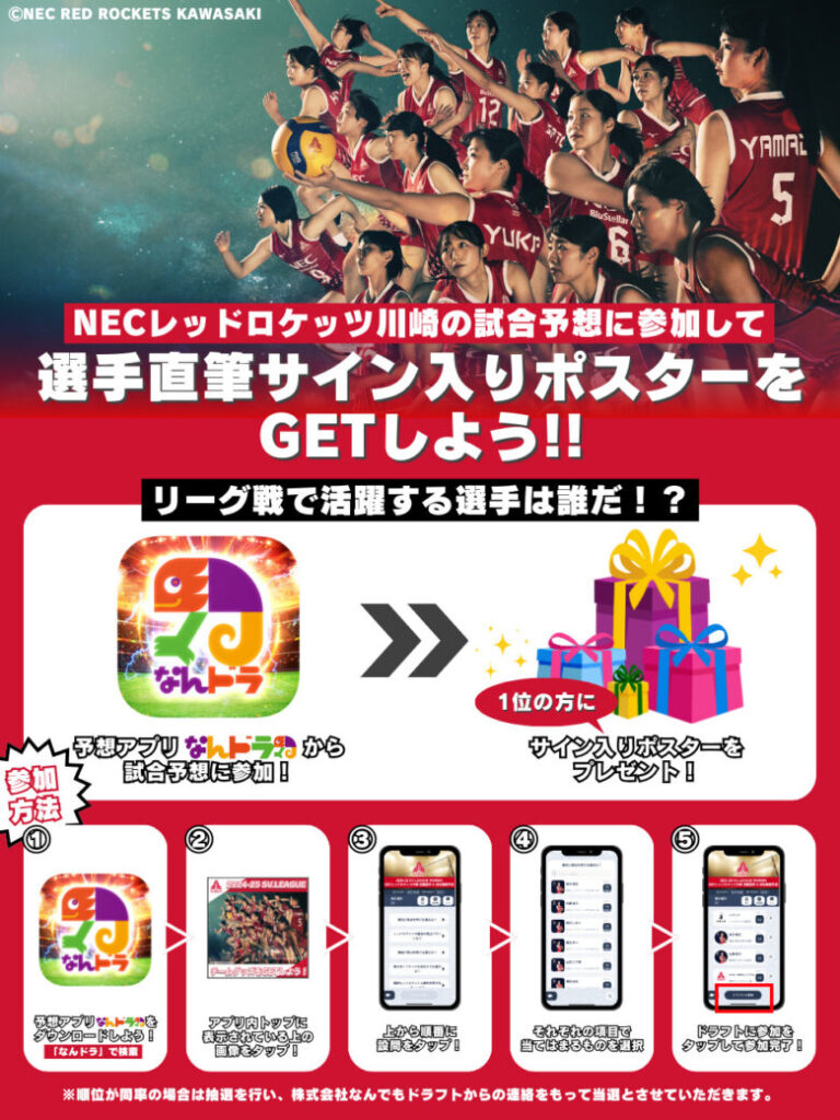 SVリーグ所属 NECレッドロケッツ川崎 4月18日（金）・19日（土）・20日（日）の活躍選手＆試合展開予想をスポーツ予想アプリ「なんドラ」で開催！ 〜負けたら終わりのチャンピオンシップがスタート！〜